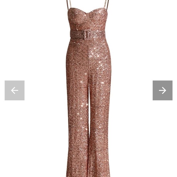 Pants - Rose Gold Sequin Sweetheart Neckline Gold Chain Spaghetti Strap Belted Jumpsuit